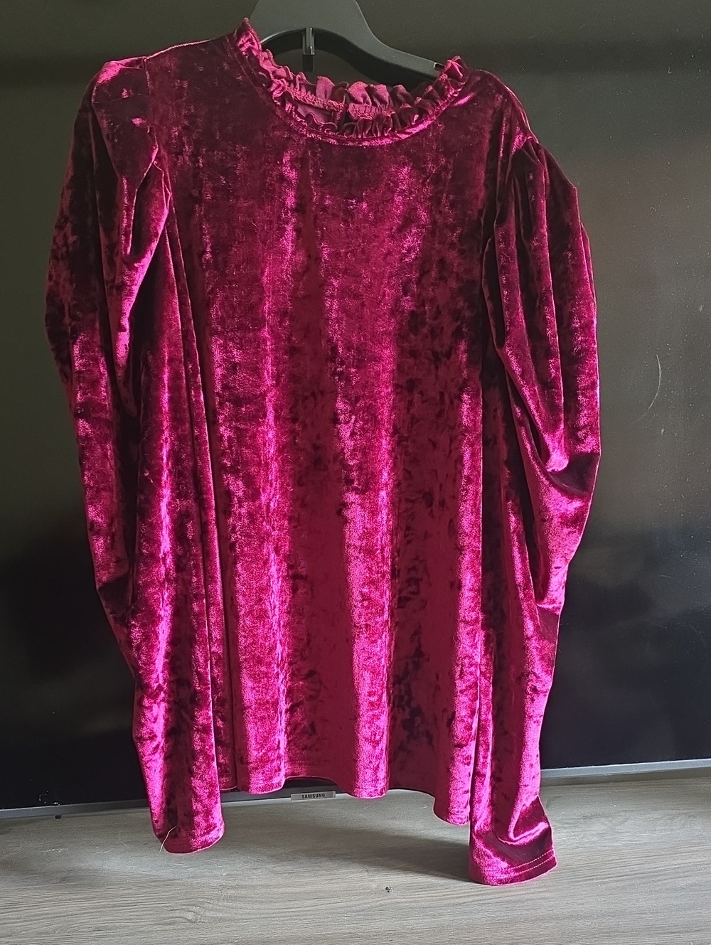 Velvet Ruffle Neck Long Sleeve Top - Deep Berry